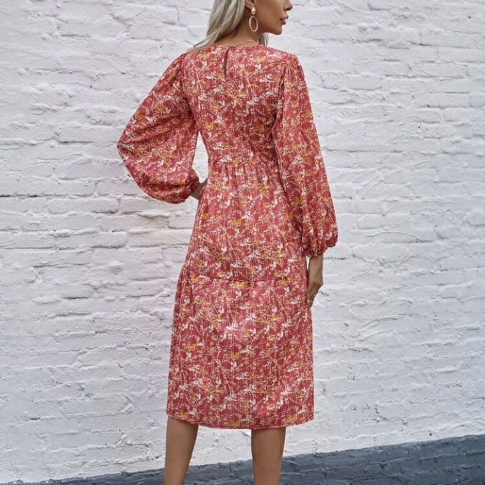 NEW Floral Print Lantern Sleeve Dress - Picture 2 of 16